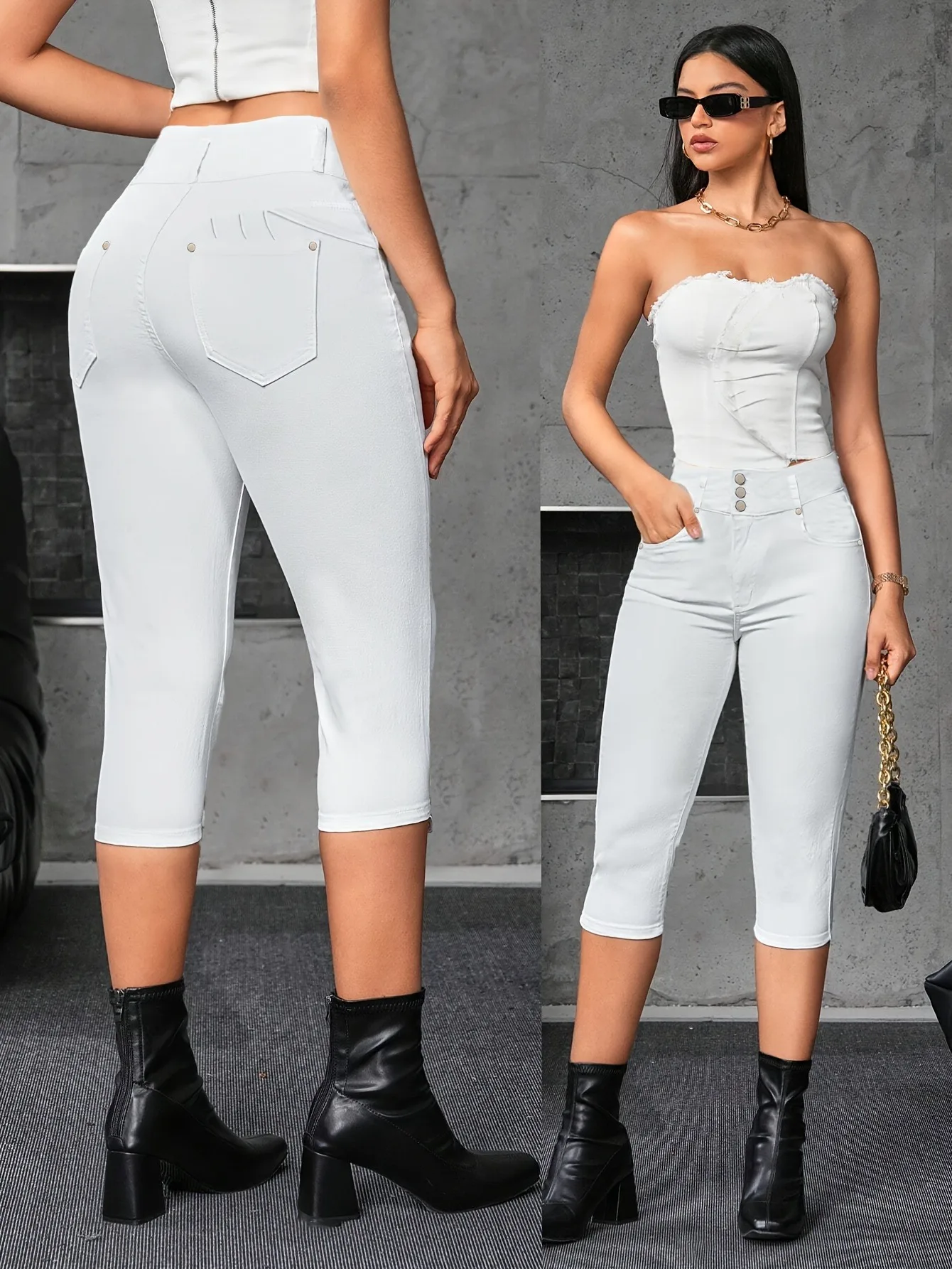 Denim Pants for Women High Waisted Button Closure Multiple Pockets Solid Color Tight Jeans Cropped Length Slim Fit High Stretch Elastic Fabric Soft Texture Comfortable Fabric Casual Denim Wear Street Style Everyday Casual Office Spring Summer Outfits