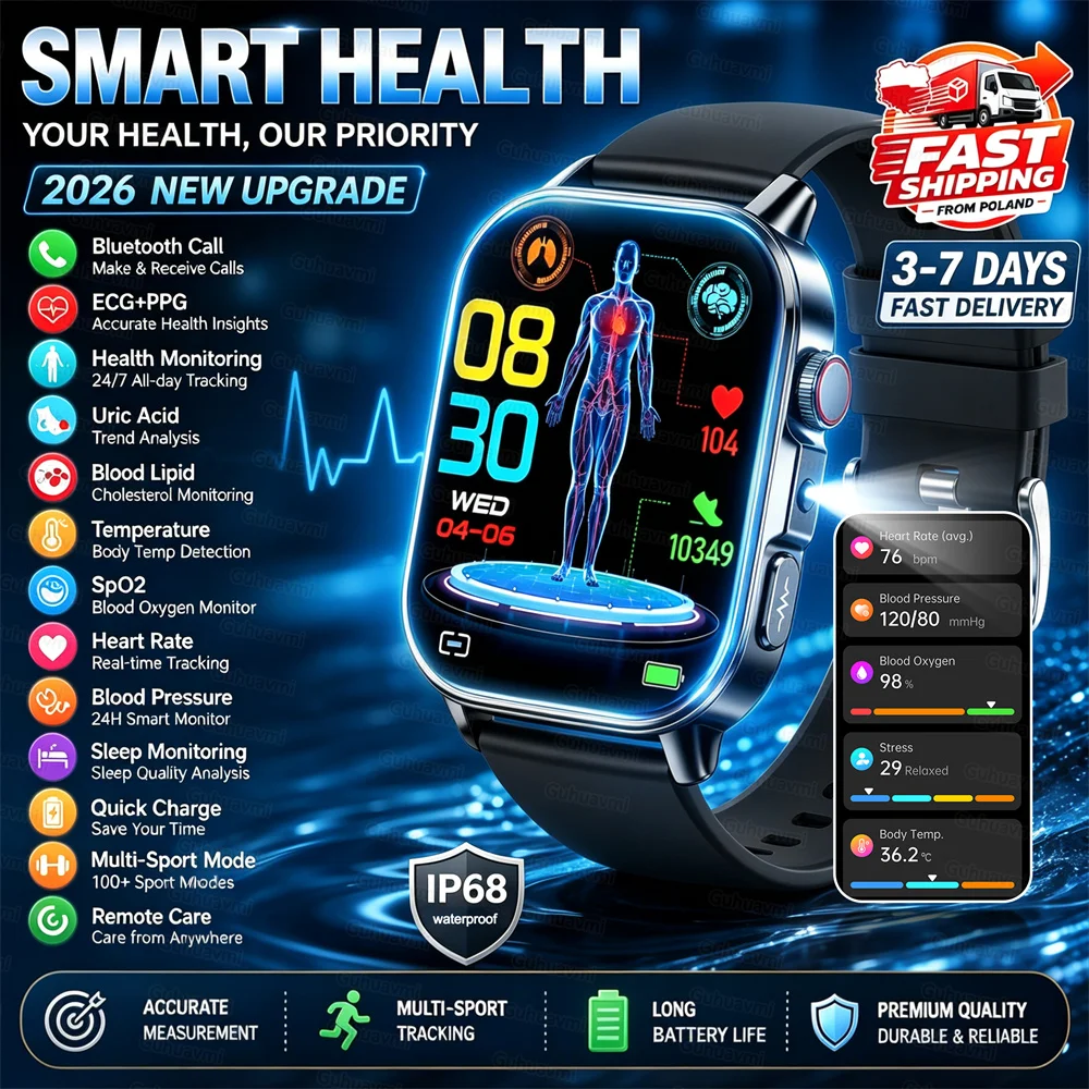ECG + PPG Surveillance de la santé montre intelligente micro-examen écran AMOLED diagnostic précis montres de santé BP BO2 acide urique femme hommes montres intelligentes bracelet cadran personnalisé analyse de la santé ECG