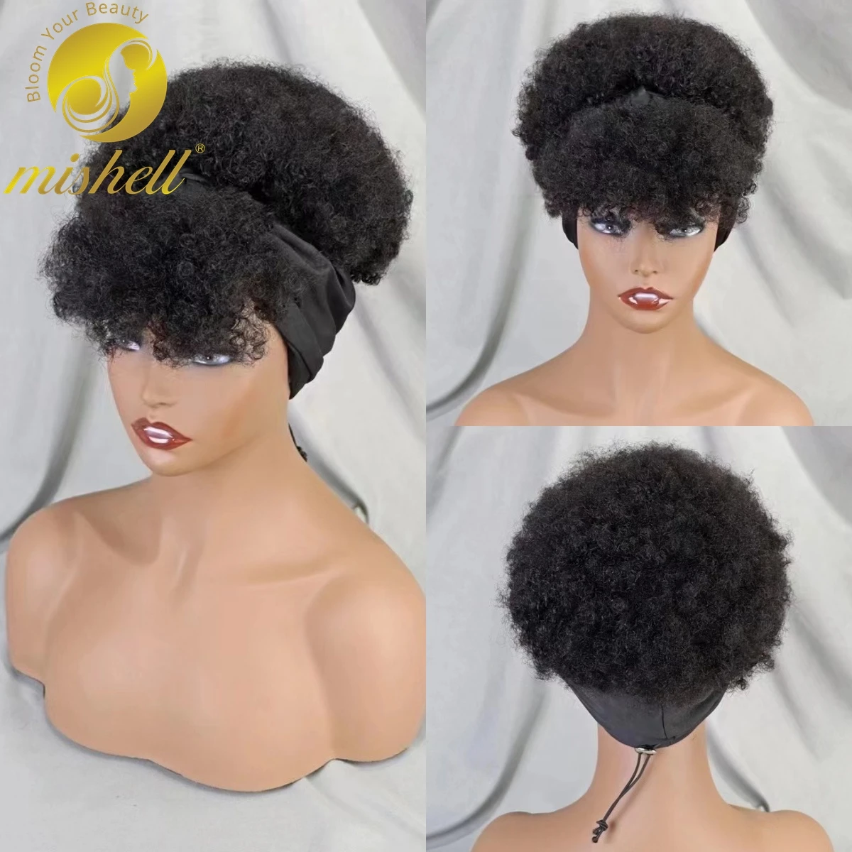 Short Natural Machine Made Wig Scarf Wig with Bangs Afro Kinky Curly Human Hair Wig PrePlucked 200% Density for Black Women