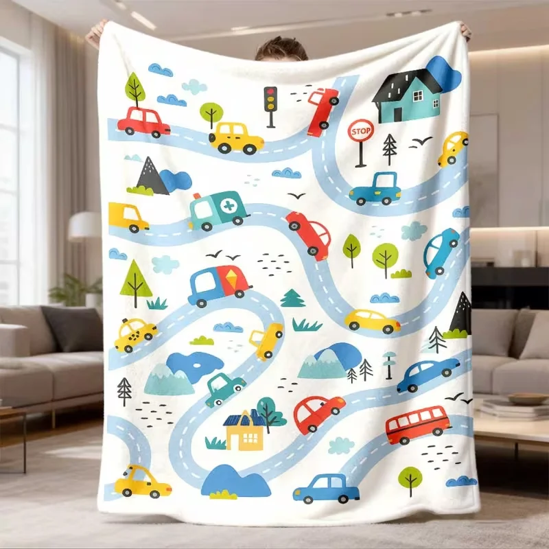 Cute Cartoon Car Traffic Road Print Throw Blanket Colorful Vehicle House Tree Pattern Soft Warm Blanket For All Season Use