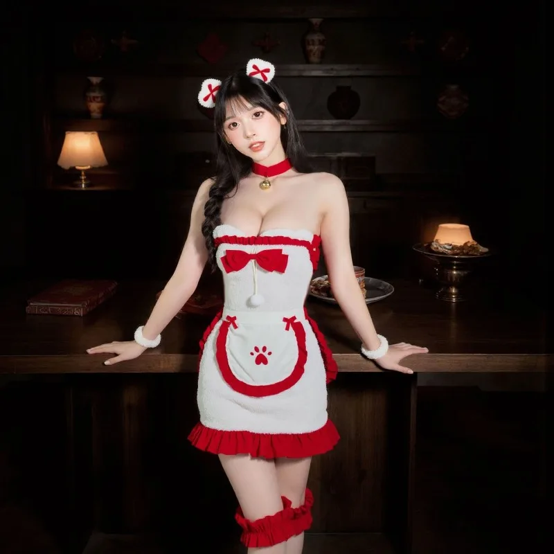 Lencería erótica, traje de Navidad, tentación Sexy, lindo traje de sirvienta, uniforme, deseo puro, viento, chica conejito, falda envuelta en las nalgas