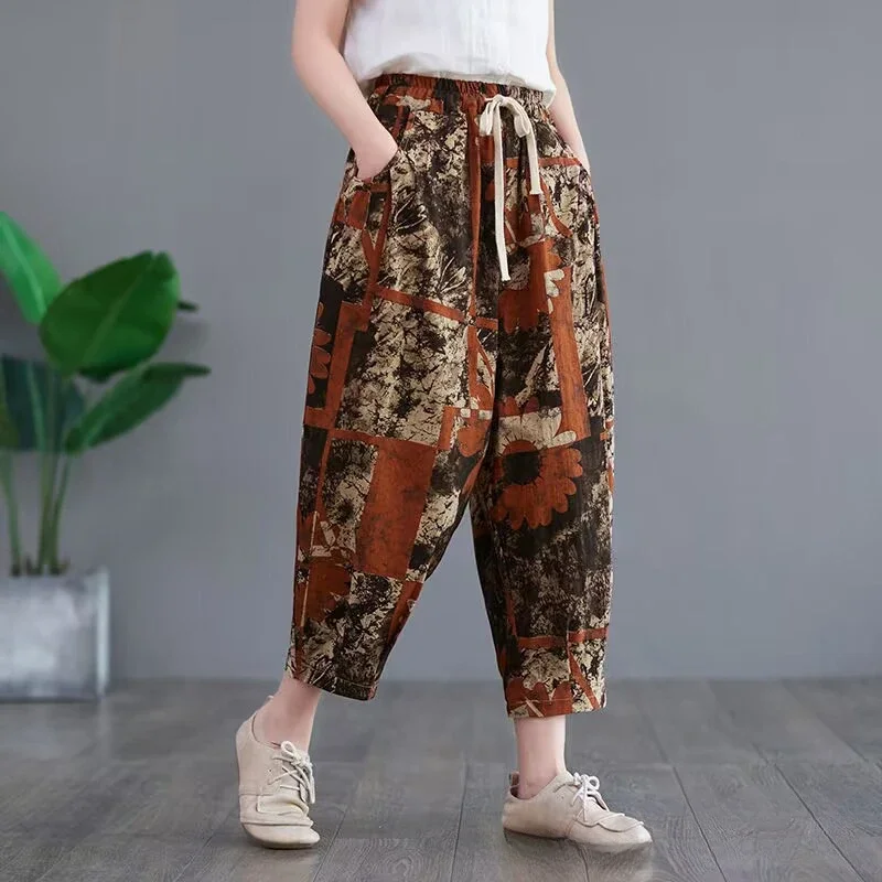 

Women's Harem Pants Cotton Linen Summer Casual Loose Ankle-length Pants Mom Printed Elastic Waist Capris Pants for Women S130