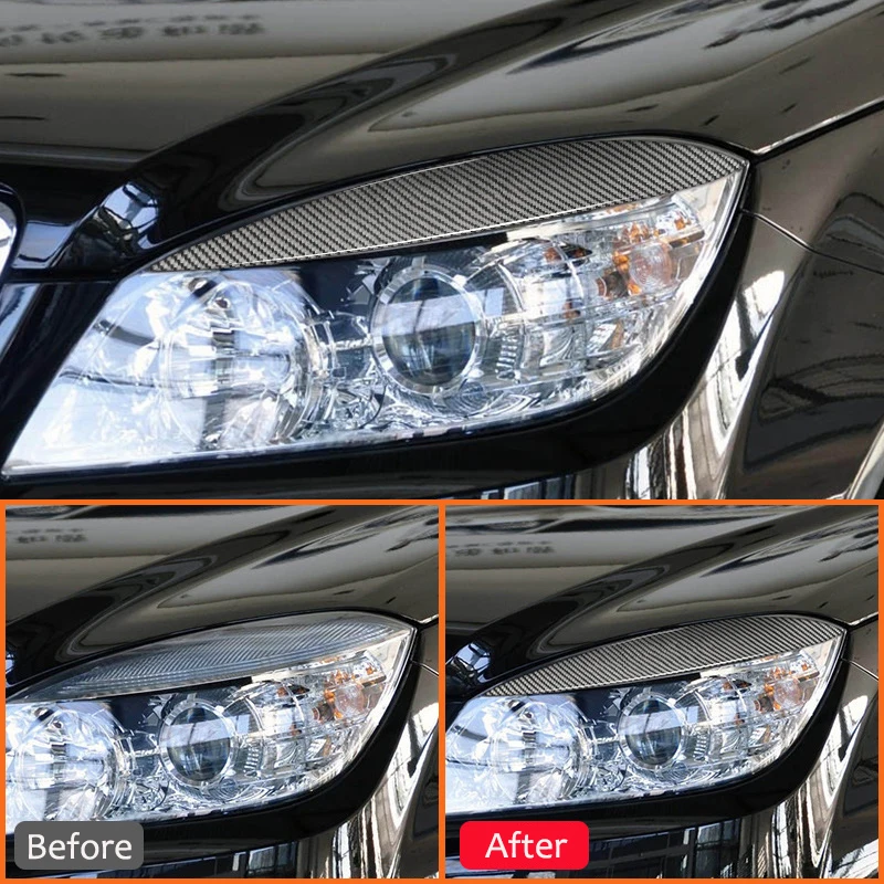 ألياف الكربون سيارة الجبهة العلوي شرائط الكسوة رئيس مصباح الحاجب الإطار لاصقة تزيين لمرسيدس بنز C الفئة W204 2007-2014 #2