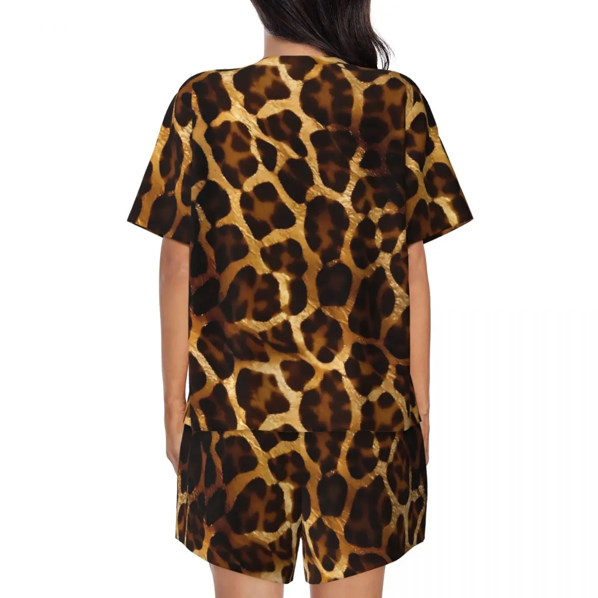 Gold Giraffe Print Artwork Pajamas Sleep O Neck Sleepwear Lady 2 Pieces Graphic Short Sleeve Cute Pajamas Set
