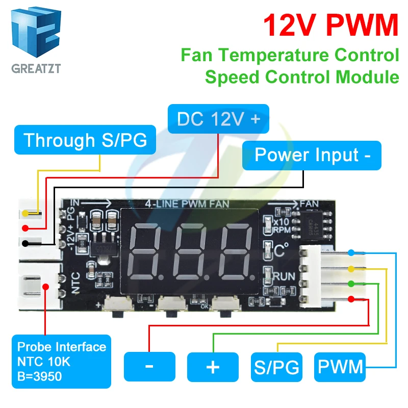 TZT DC12V 4-Draht Min Temperatur Controller Geschwindigkeit Regler Lüfter Geschwindigkeit Motor Controller Digital Display Modul Netzteil