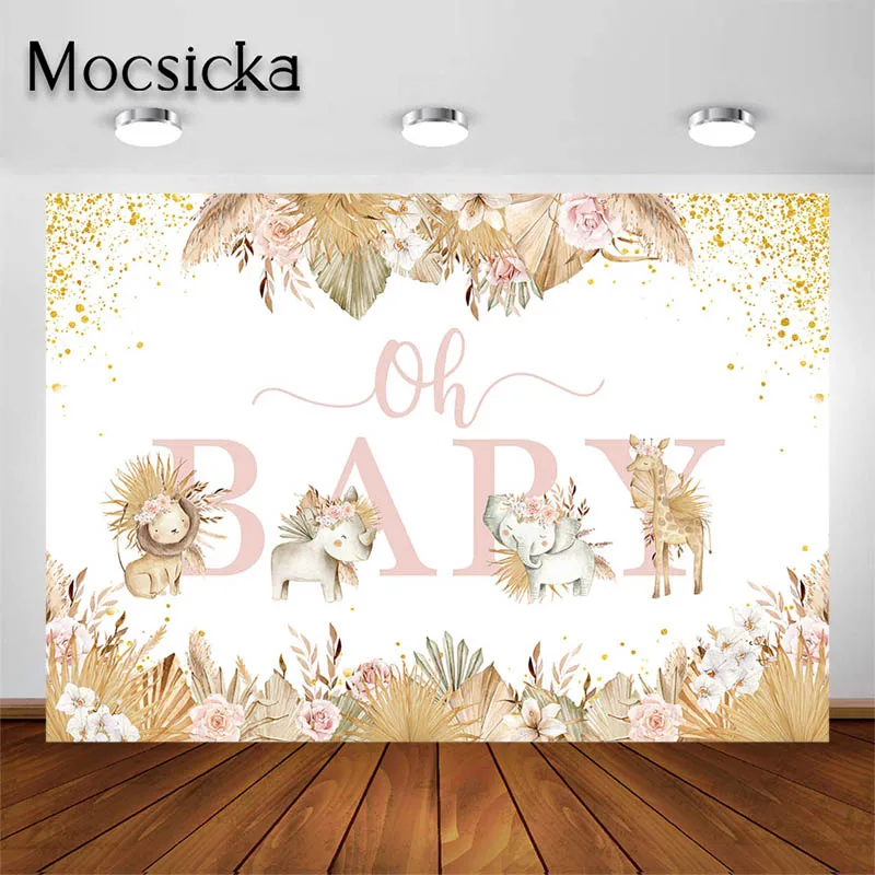 Mocsicka Pink Flowers Jungle Animals Baby Shower 1st 2nd Birthday Wild One Party Decorations Photography Backdrops for Baby Girl