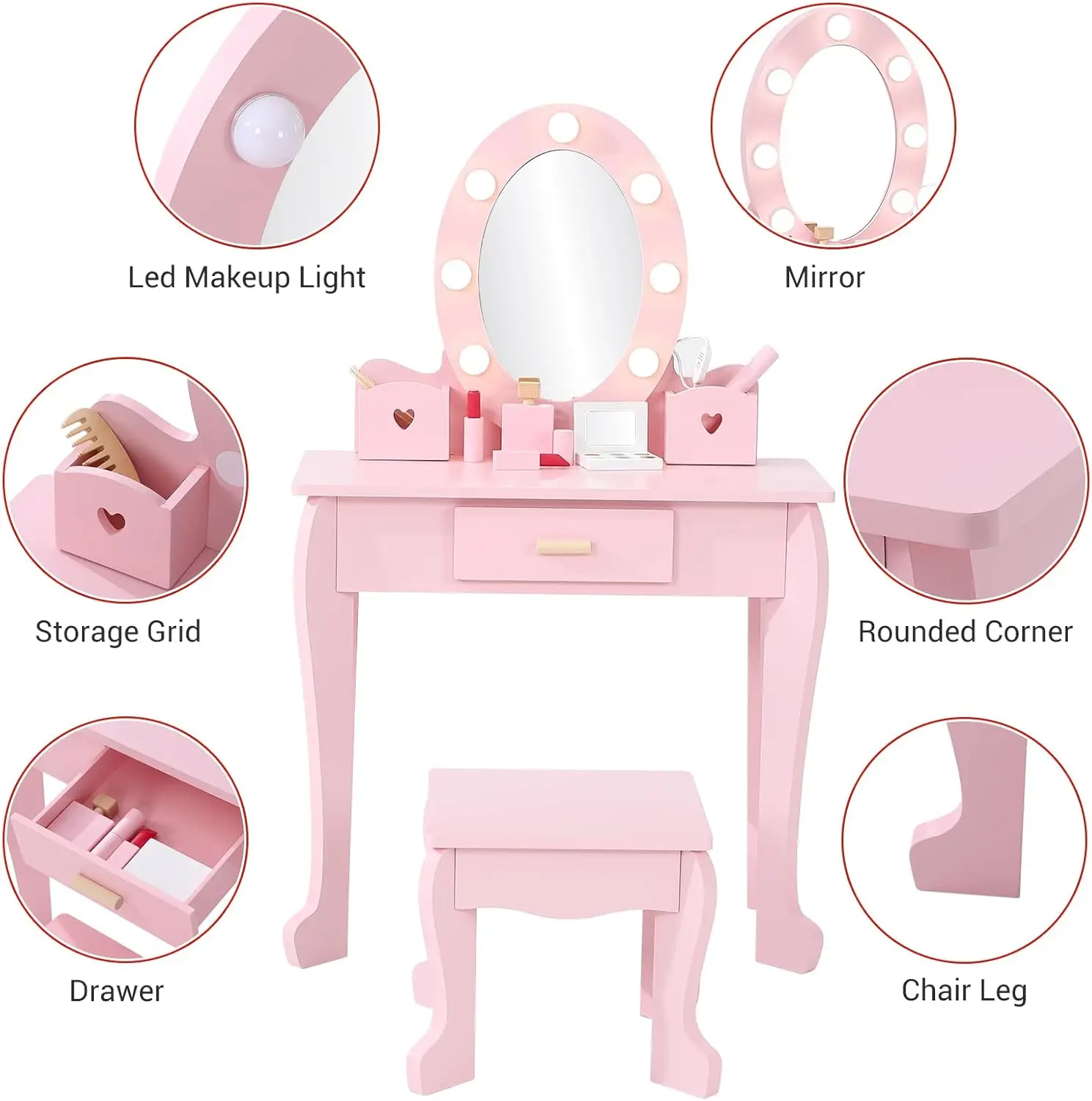 ' Vanity Set with Mirror and Light, Makeup Table and Stool for Girls, Vanity Table and Chair Set with Wood Makeup Playset fo