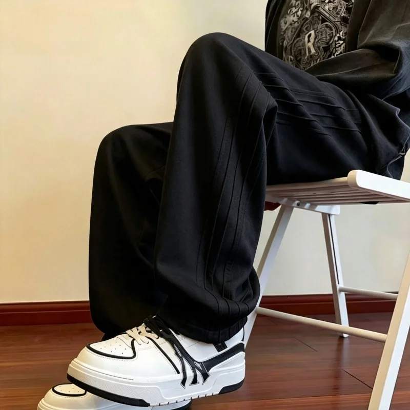 Mens Striped Baggy Sweatpants Heavyweight Loose Straight Leg Sports Pants Warm Autumn Winter Casual Trousers Everyday Streetwear