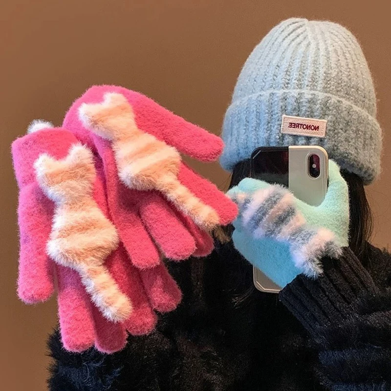 1 Pairs قفازات السيدات لطيف المشارب ثلاثية الأبعاد كيتي Kawaii الحلو لطيف مضحك غزل محبوك رشاقته الدافئة عالية الجودة القفازات لفتاة