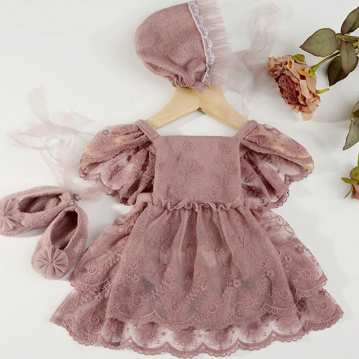 Ylsteed Newborn Girl Photography Outfits(Romper+Hat+Shoes) Baby Lace Romper with Match Hat and Mini Shoes Infant Posing Props