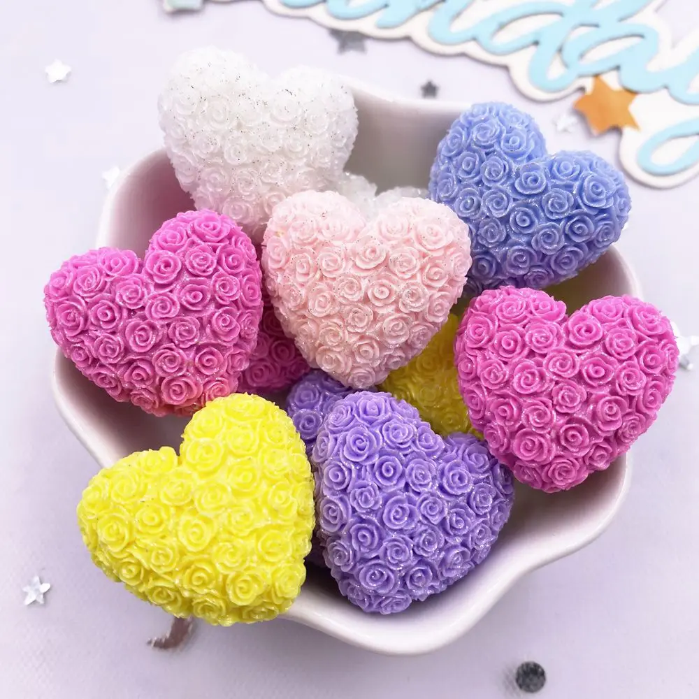 10PCS Colorful Resin Cartoon Heart Shape Rose Figurines Flat back Stone DIY Wedding Decor Scrapbook Christmas Accessories Crafts
