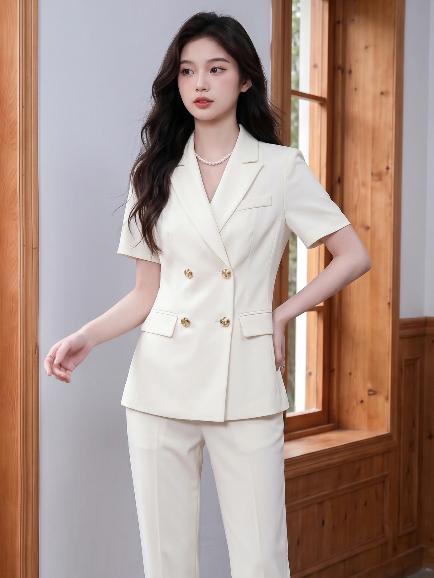 Moccasin Color Short Sleeve Professional Suit Jacket Women Summer Thin Commute Work Interview Formal Women Set Polyester Fiber