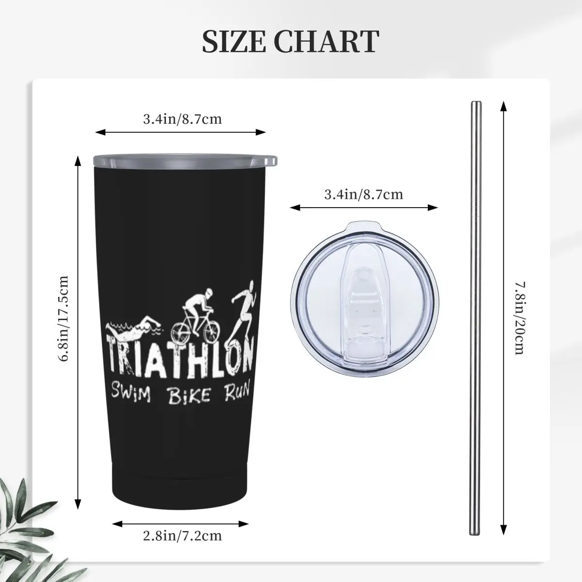Triathlon Swim Bike Run Athlete Stainless Steel Tumbler Vacuum Insulated Mug Thermal Cold Cup Straw With Lid 20oz