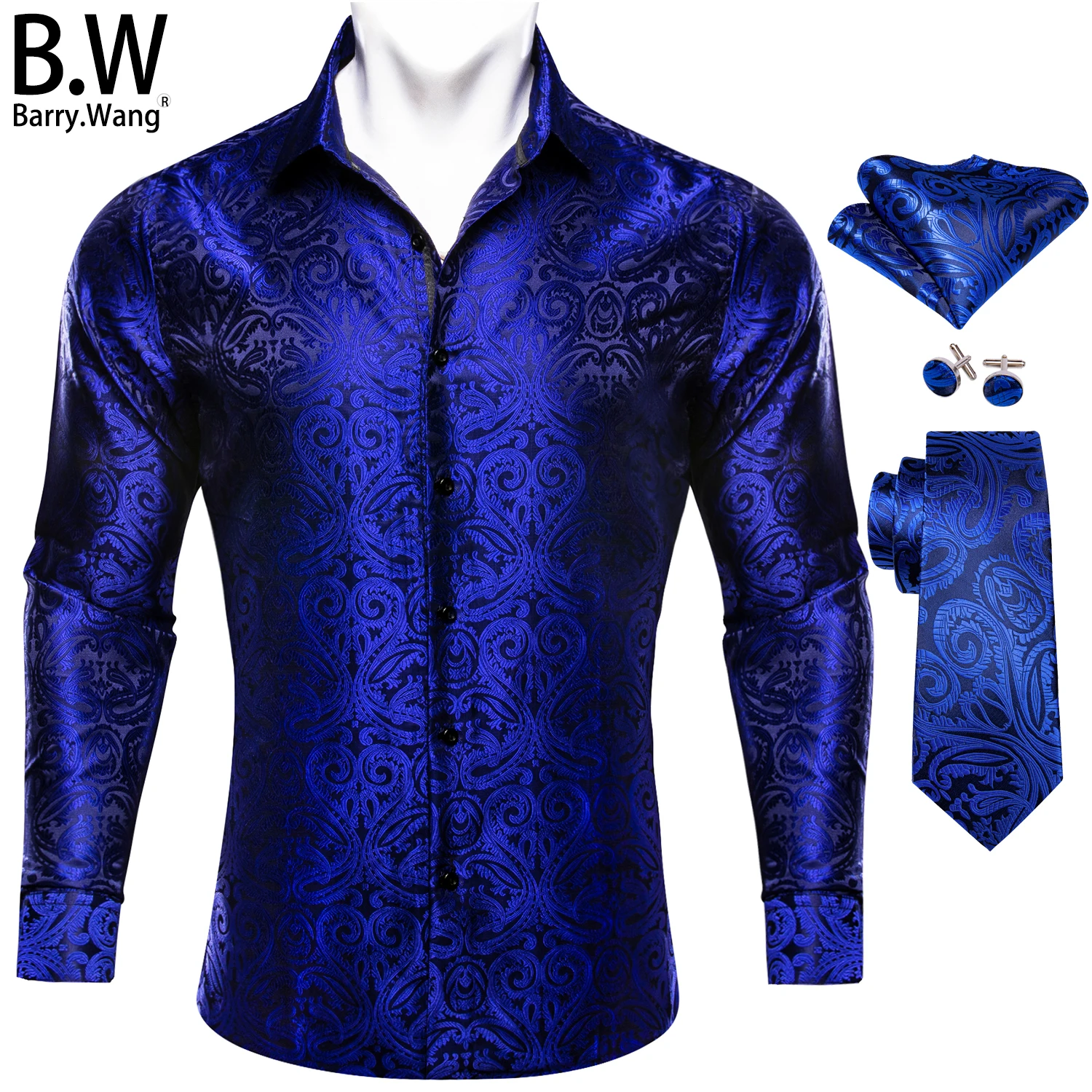 

Barry.Wang Stylish Silk Mens Shirt Tie Hanky Cufflinks Jacquard Floral Paisley Long Sleeves Male Blouse Necktie Wedding Business