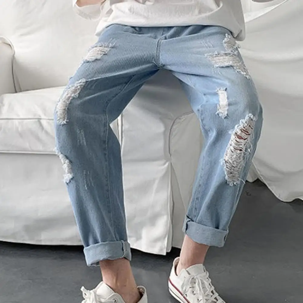 Men Pants Solid Color Ripped Mid Waist Casual Students Jeans for Daily Wear