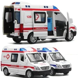 New Simulation Ambulance 1:32 Hospital Rescue Police Metal Cars Model Pull Back Sound and Light Alloy Diecast Car Toys Gifts