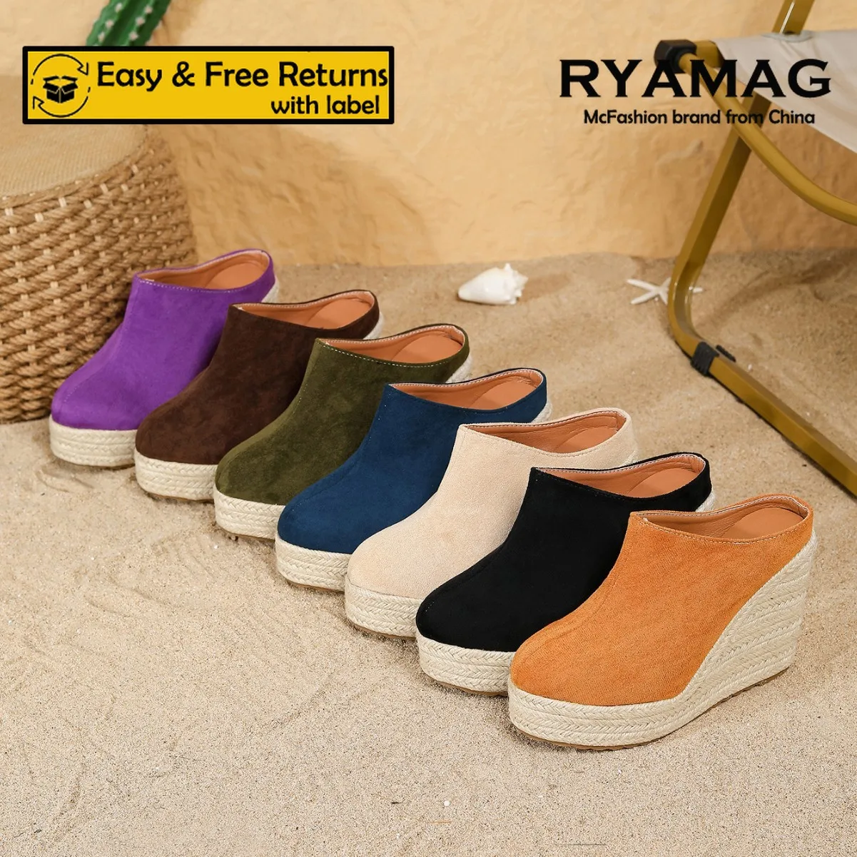 RYAMAG Comfortable Wedge Mules for Women Espadrille Sandals Platform Closed Toe Shoes Daily Wear Fashion Slides