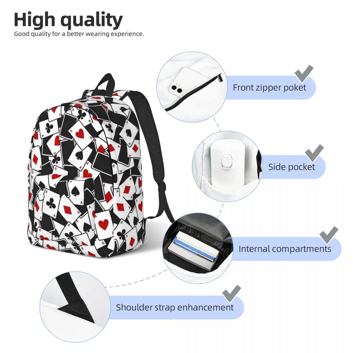 Card Suits Poker Art Aesthetics Backpack for Men Women Teenage High School Business Daypack College Canvas Bags Sports