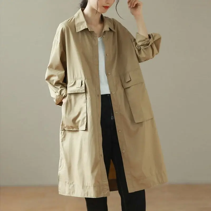 

Fashion Korean Cotton Trench Coat for Women Mid-length Loose Elegant Temperament Work Jacket Button Pocket Splicing Cardigan