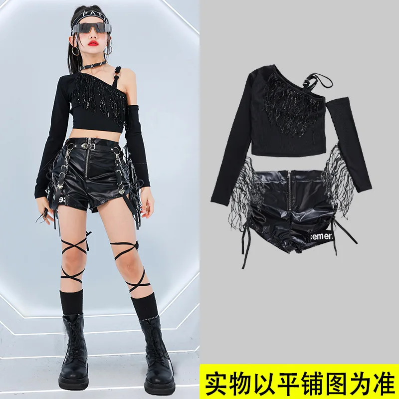 

Хип-хоп для девочек K-pop укороченный топ для уличных танцев, брюки-карго из искусственной кожи, детская уличная одежда, шорты, детские джазовые горячие штаны, комплекты одежды