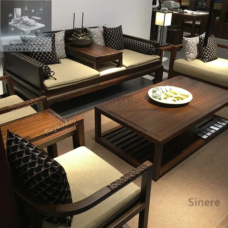 

New Chinese sofa, ebony solid wood retro Arhat bed villa golden flower pear walnut whole house furniture customization