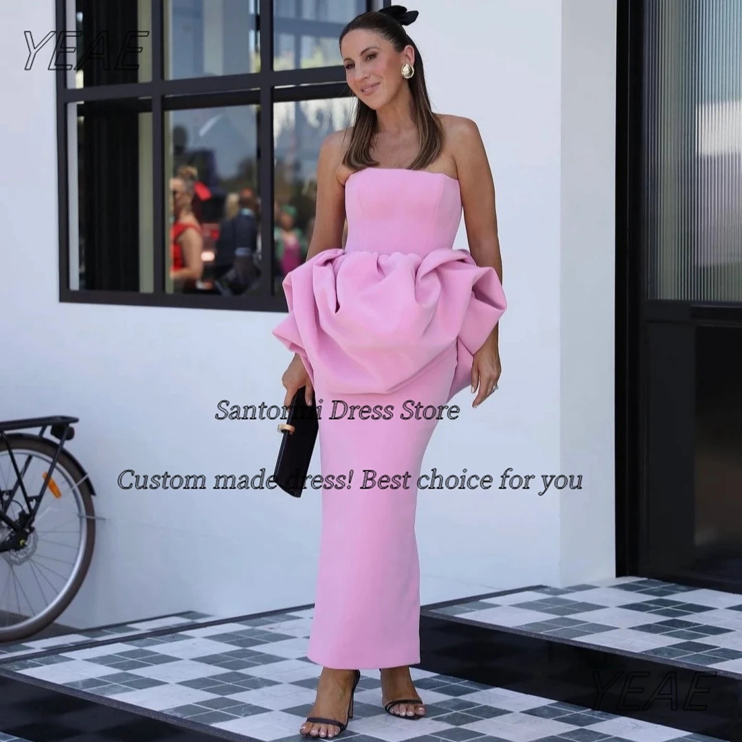 

Santorini Customized Pink Prom Dresses with Peplum Ankle Length Evening Party Gowns Strapless Sexy Back Slit Robes De Soirée