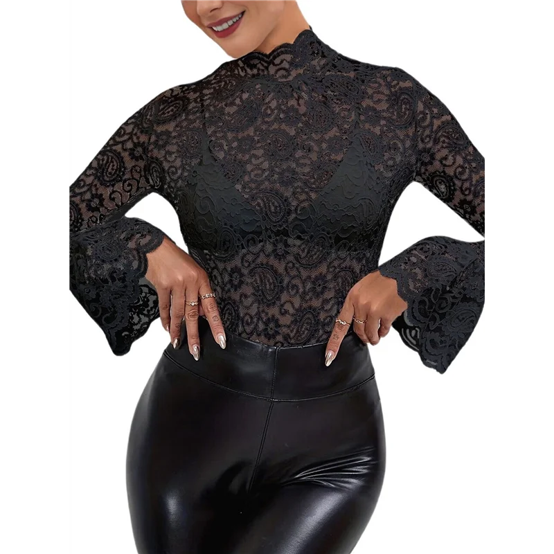 

Women Bell Sleeve Tops Dressy Hollow Out Lace Blouse Party 2025 Fashion