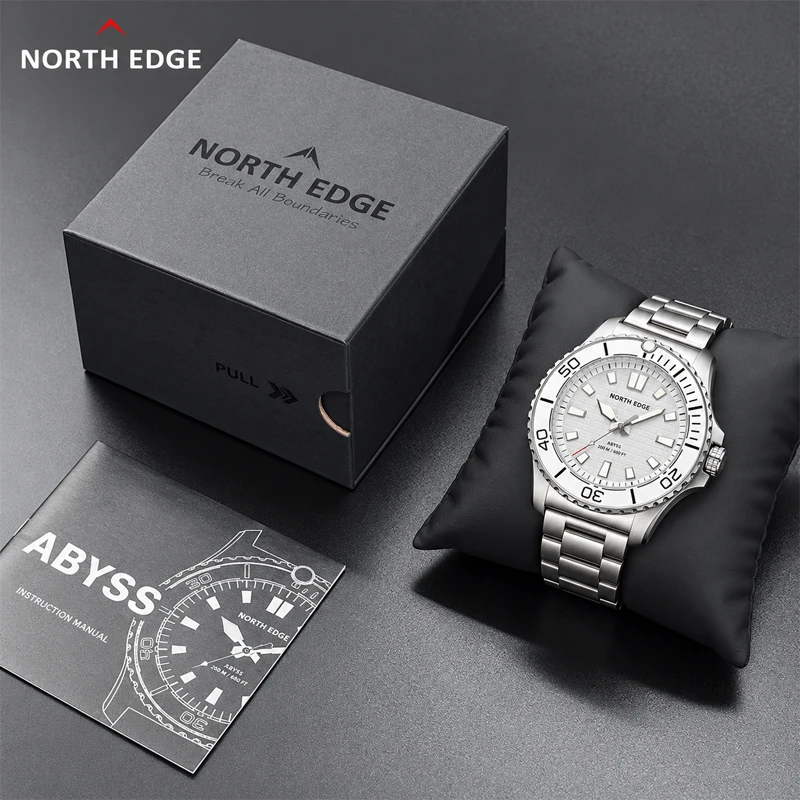 NORTH EDGE ABYSS Men Solar Powered Diving Quartz Luxury Watch 200M Waterproof Dive Sports Watches 316L Steel Case 180+ Day Power