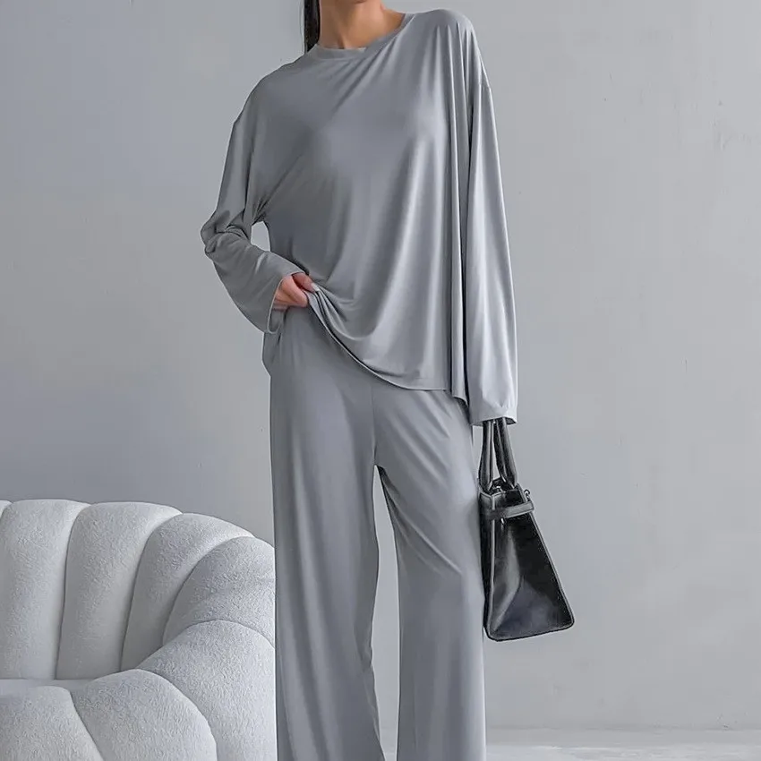 O-Neck Nightgowns Long Sleeve Nightwear Wide Leg Pants Women's Pajamas 2 Piece Set New 2026 Brown Loose Female Sleepwear Suit