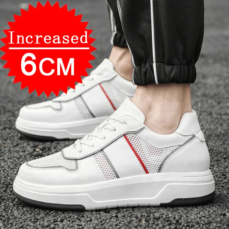 Casual Mesh Sneakers Summer Genuine Leather+mesh Increase 6CM Heightening Shoes Hollow Out Men Footwear Mesh Breathable Shoes