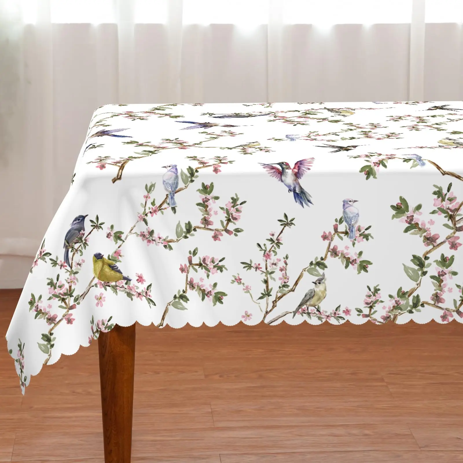 Spring Tablecloth Rectangular, Birds Branch Floral Table Cover Seasonal Summer Scallop Edge Picnic Table Cloth