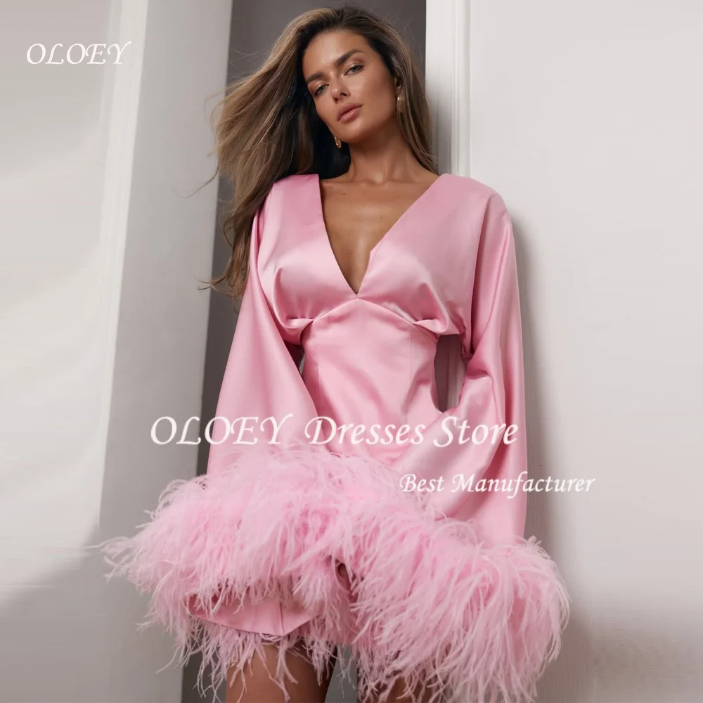 OLOEY Rosa Moderne Ballkleider mit V-Ausschnitt und langen Ärmeln, elegante Abendkleider mit Federn, Minikleider 2026, individuell gestaltet