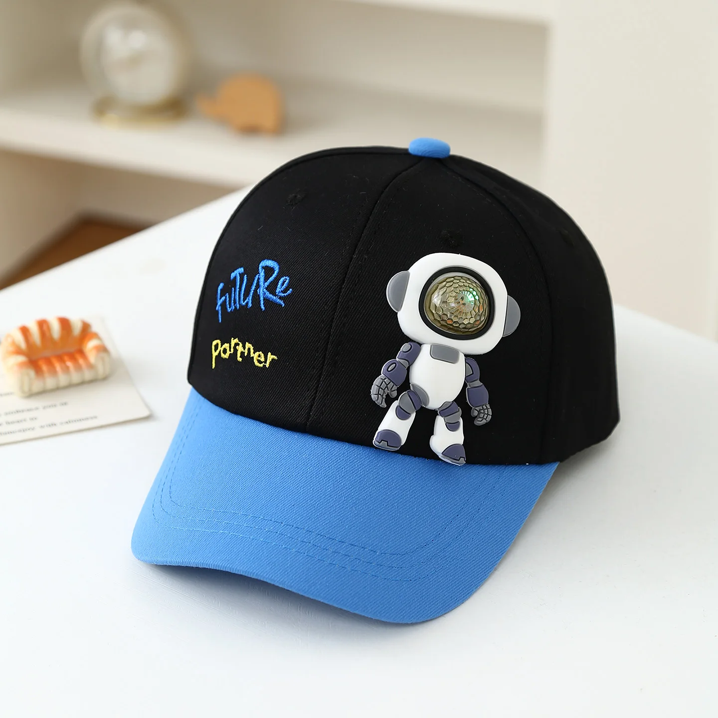 

Children's soft rubber robot doll with "Future Partner" colorful letter embroidery contrast baseball cap