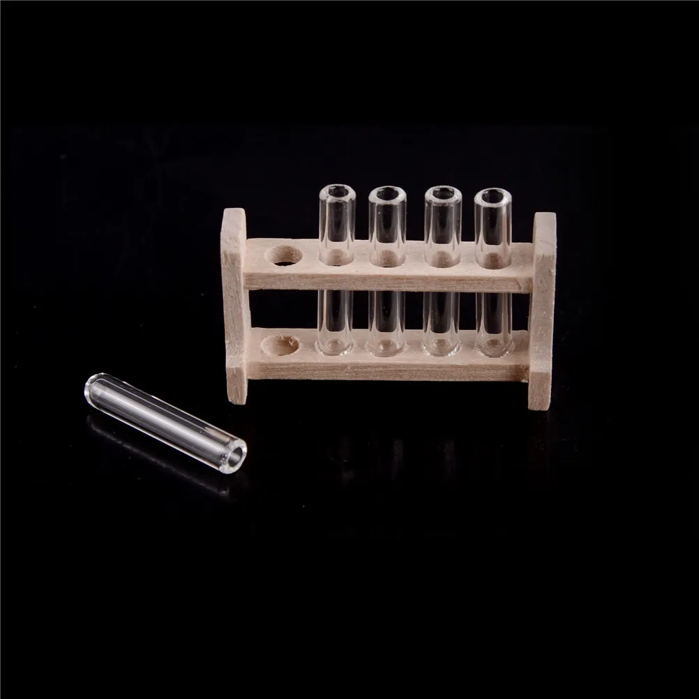 1 conjunto de rack de tubo de ensaio de laboratório de madeira em miniatura para casa de bonecas com 5 peças de tubos de ensaio modelo casa de boneca acessórios de decoração de laboratório-brinquedo