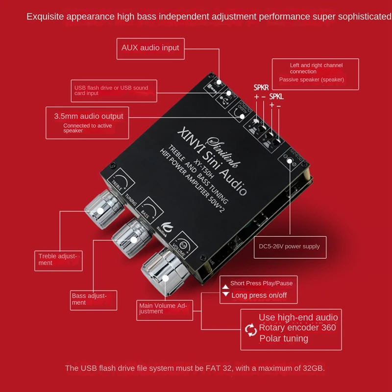 XY-T50H Stereo Digital Amplifier Board TPA3116D2 50W+50W High-Bass Adjustable Stereo Digital Amplifier Board Audio Module