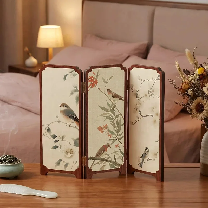 New Chinese-style floral and bird tabletop screen partition, living room tea room decoration ornament, three-fold folding