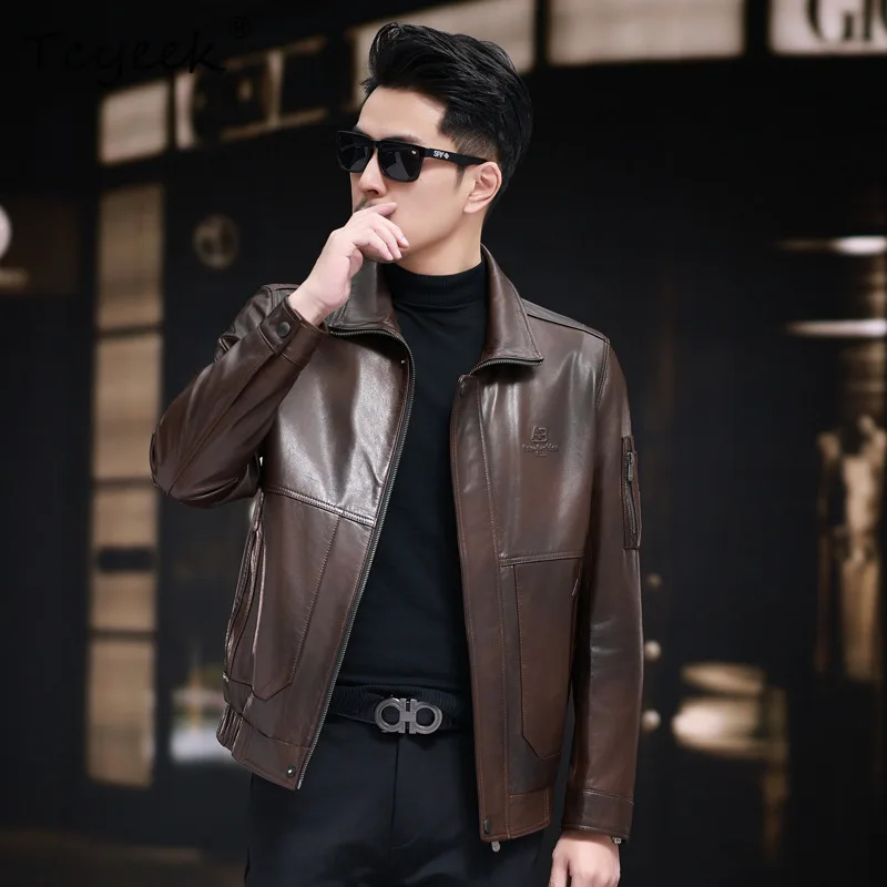

Tcyeek верхний слой из козьей кожи, мужская куртка из натуральной кожи, 2025 деловые повседневные мужские пальто, весенне-осенняя одежда, шикарная Jaqueta Couro