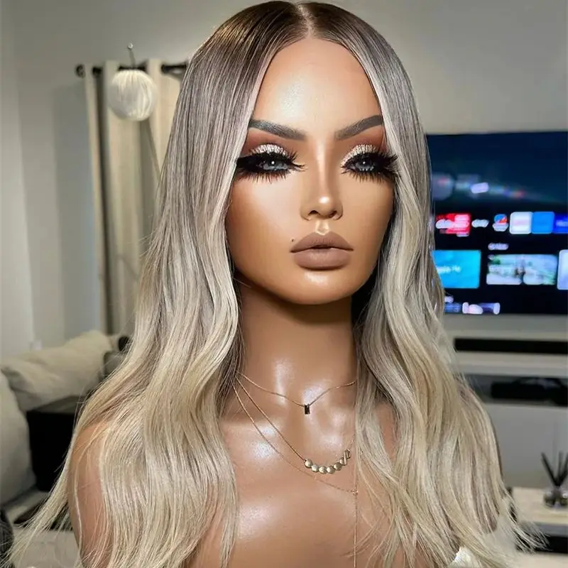 Ombre Blonde HD Lace Front Wig with Dark Roots Pre Cut Lace Glueless Wig Wear and Go Synthetic Lace Front Body Wave Wig Party