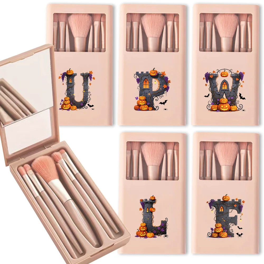 

5Pc Multi Functional Brush Set Portable Storage Beauty Tools Stylish Printed Storage Case with Mirror Halloween Letters Pattern
