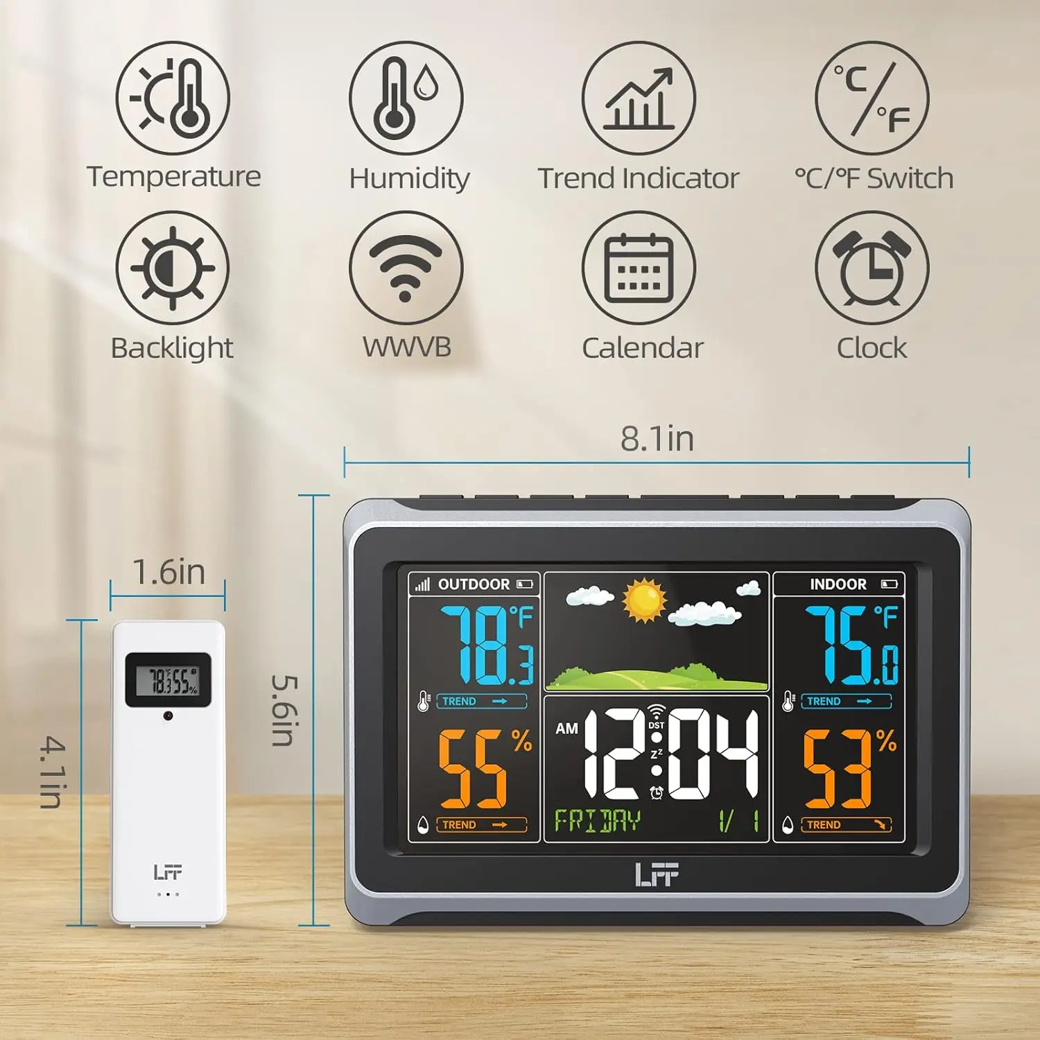 Wireless Weather Station Indoor Outdoor with Digital Thermometer, Color Display, Atomic Clock & Backlight