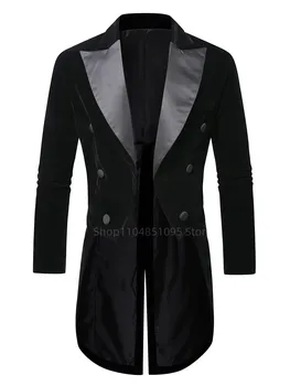 Black Velvet Tailcoat Suit Jacket Male Double Breasted Wedding Groom Tuxedo Peak Lapel Blazer Men Party Stage Prom Costume 6