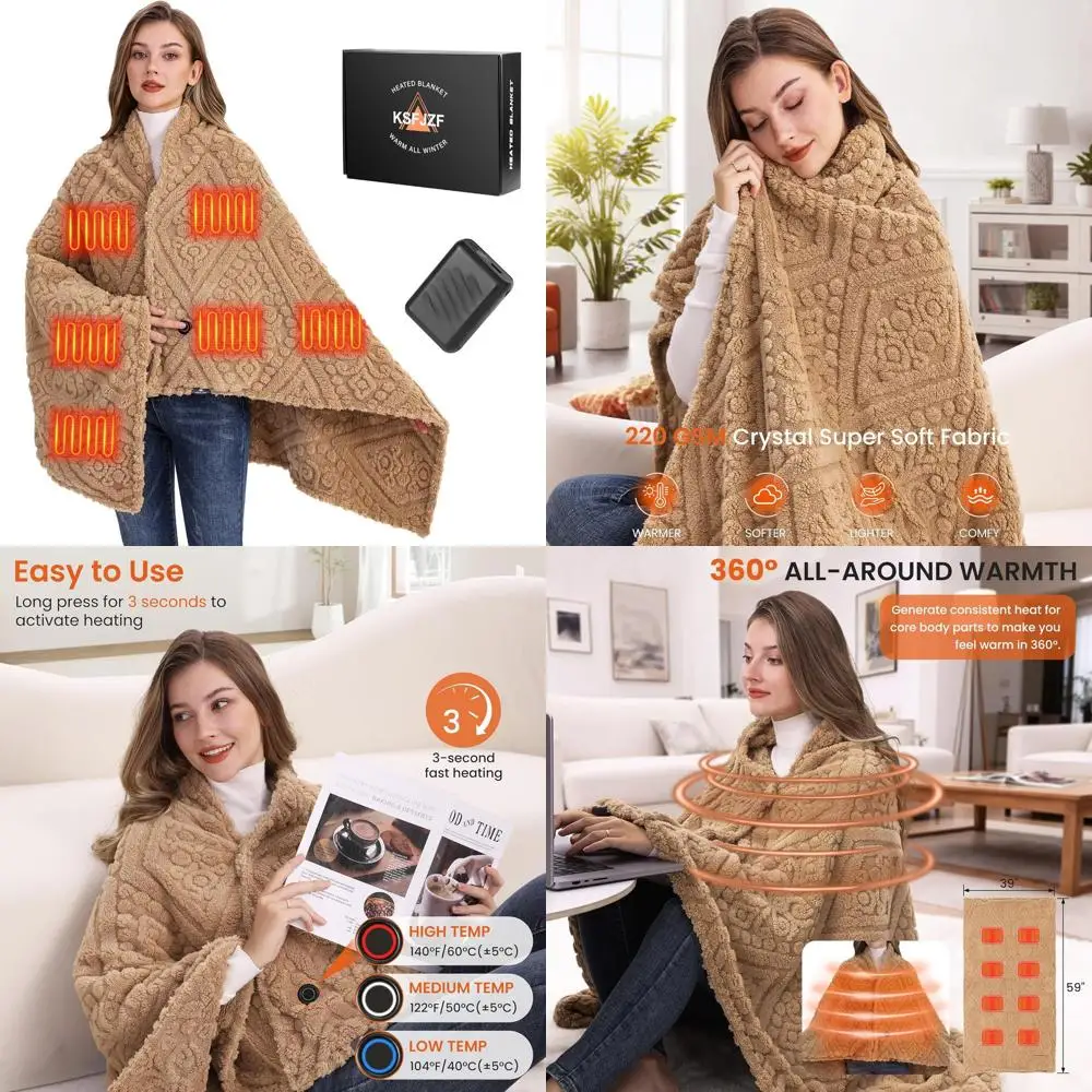 

Cozy Faux Fur Cordless Heated Blanket with Power Bank - 3 Heat Settings, Fast Warming, 59x35.5, Machine Washable