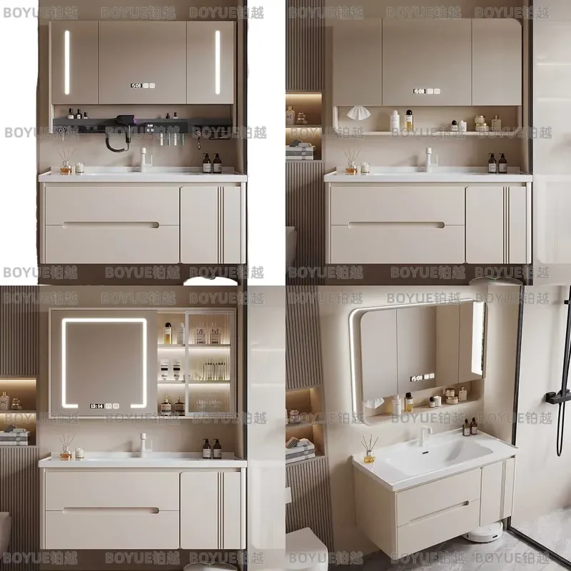 Cream Oak Style Ceramic Integrated Basin Bathroom Vanity Cabinet Smart Washbasin Unit Modern Toilet Sink Stand Storage Combo