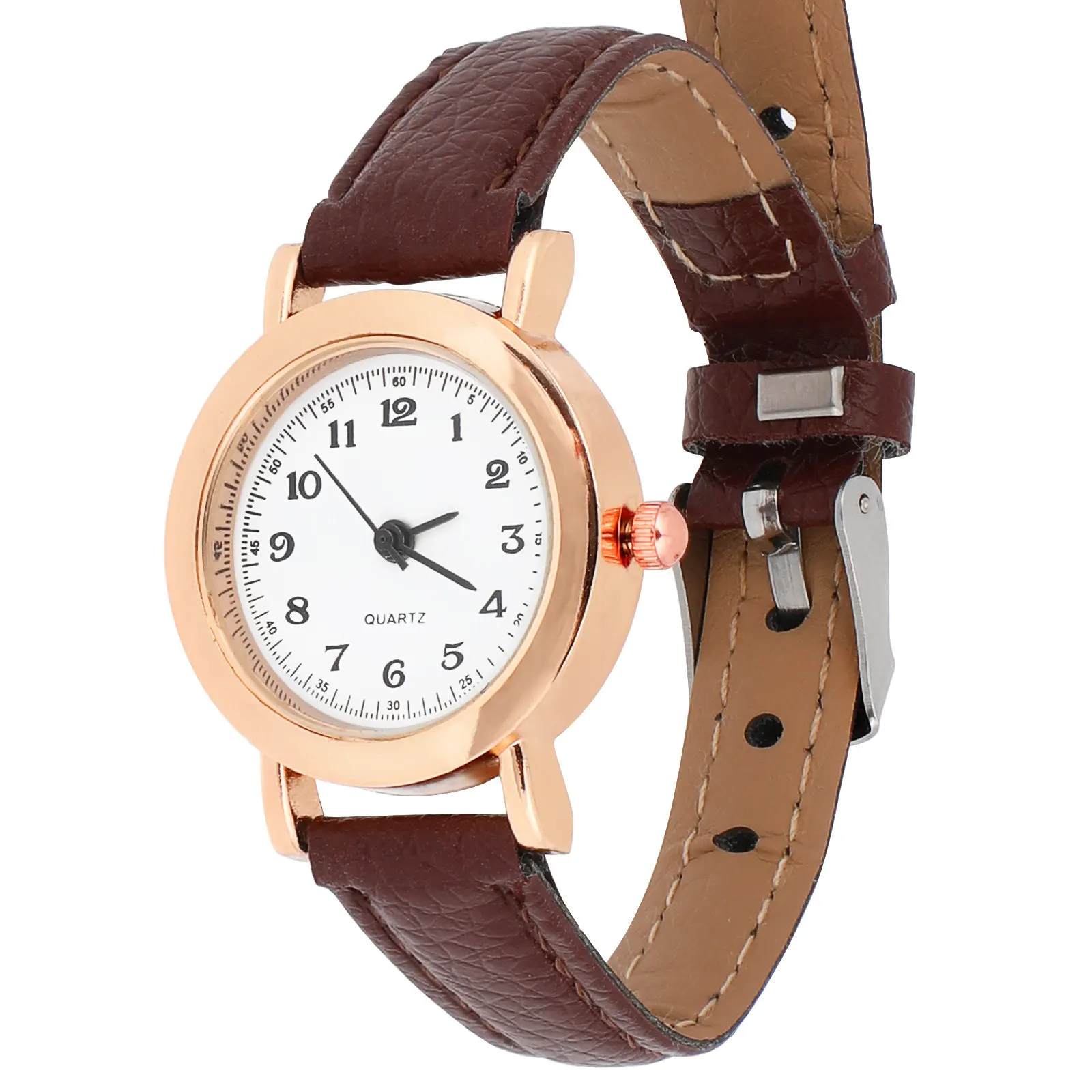 Women Simple Watch Brown Strap 21Cm Stylish Small Digital Face Wrist Watch Elegant Ladies Small Table for Daily Wear