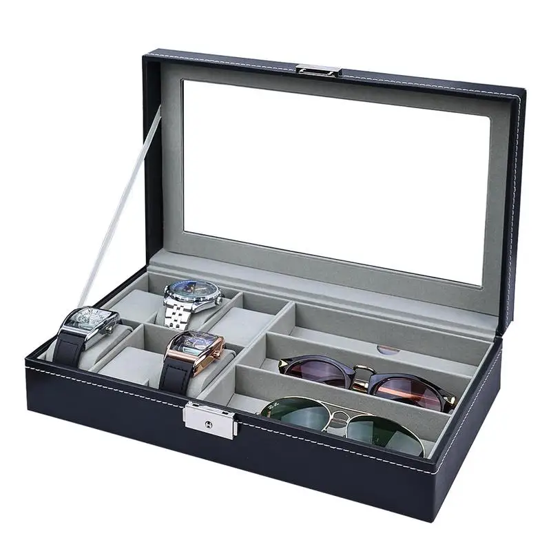 Watch And Sunglasses Organizer Sunglasses Watches Storage Box PU Leather Sunglasses Organizer With Clear Viewing Window For 6