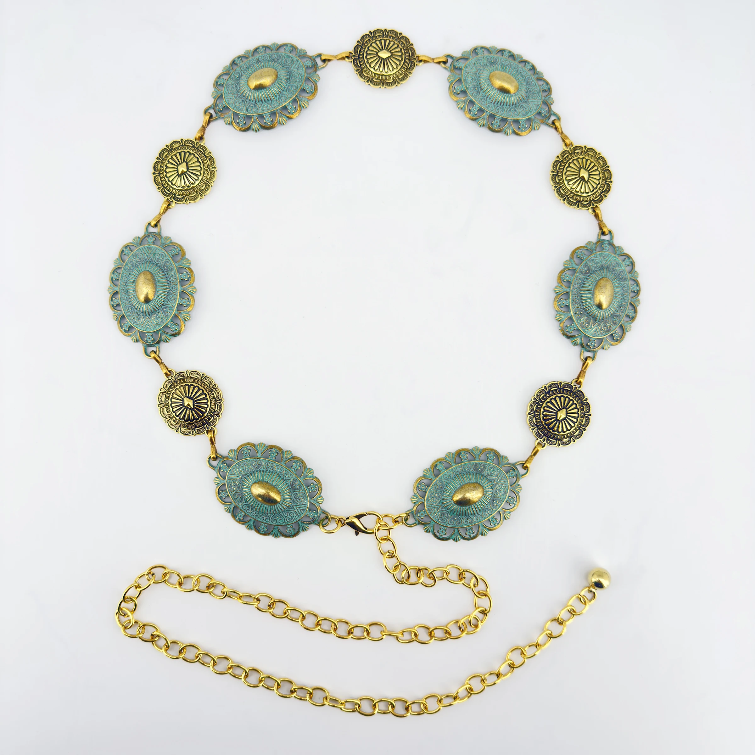 Modische Westliche Taillenkette aus Zinklegierung im Antik-Rotkupfer-Stil mit Gold- und Grünpulverprägung, Einzigartiges Design in Kleinserien – Detail 4