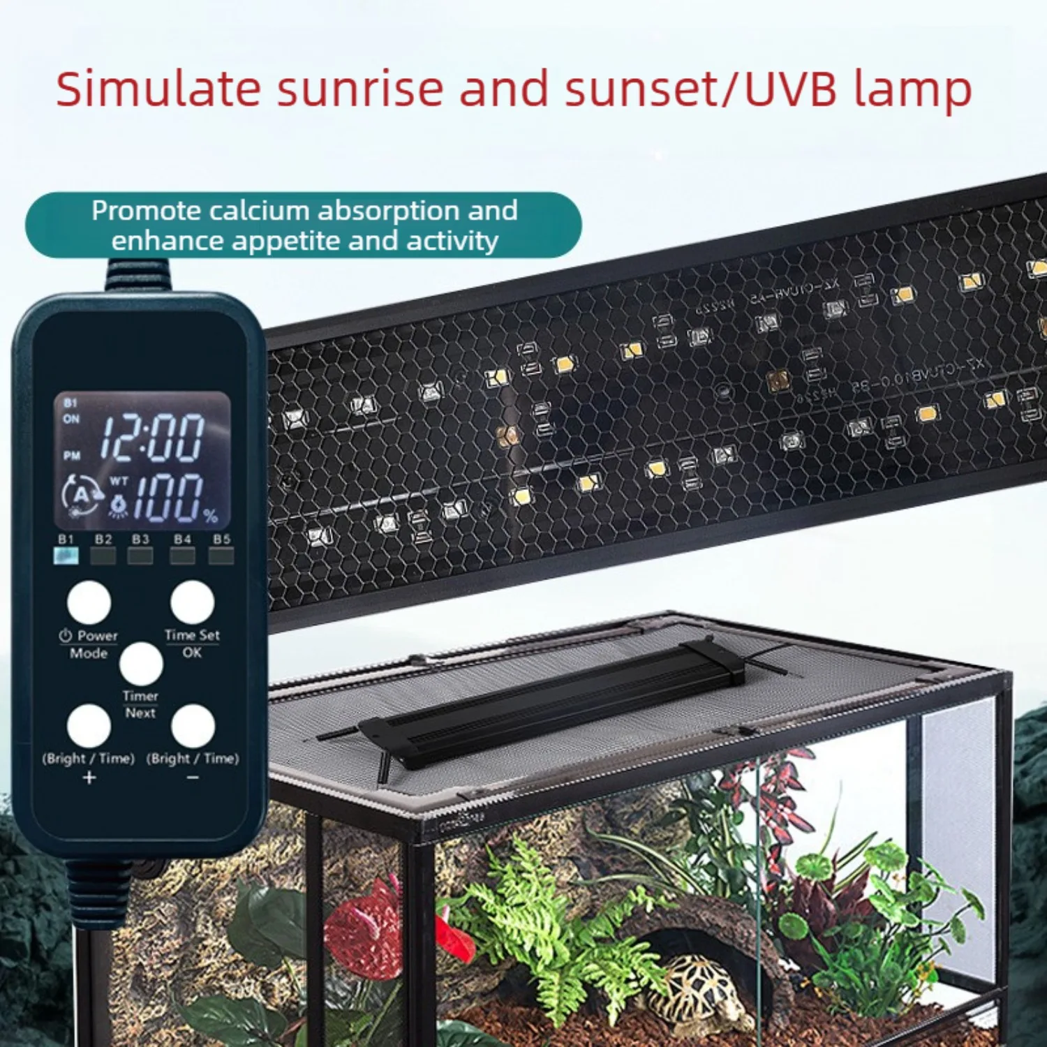 15W LED UVB Reptile Lamp for Bearded Dragons Turtles with Auto On/Off Preset Day-Night Cycle Dimming 5 Modes UVA UVB Light