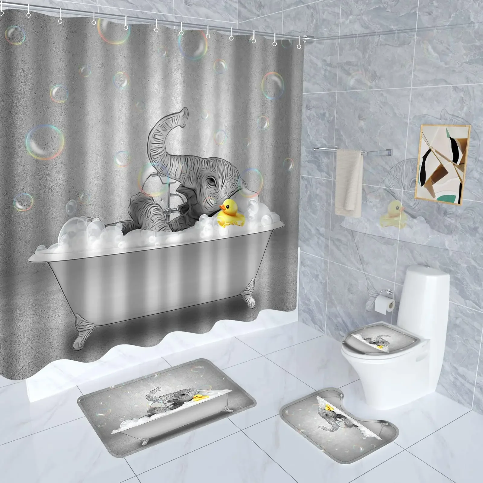 Animal Elephant Playing with Water Shower Curtain Set 3D Print Bathroom Bath Mat Floor Toilet Rug Home Decor