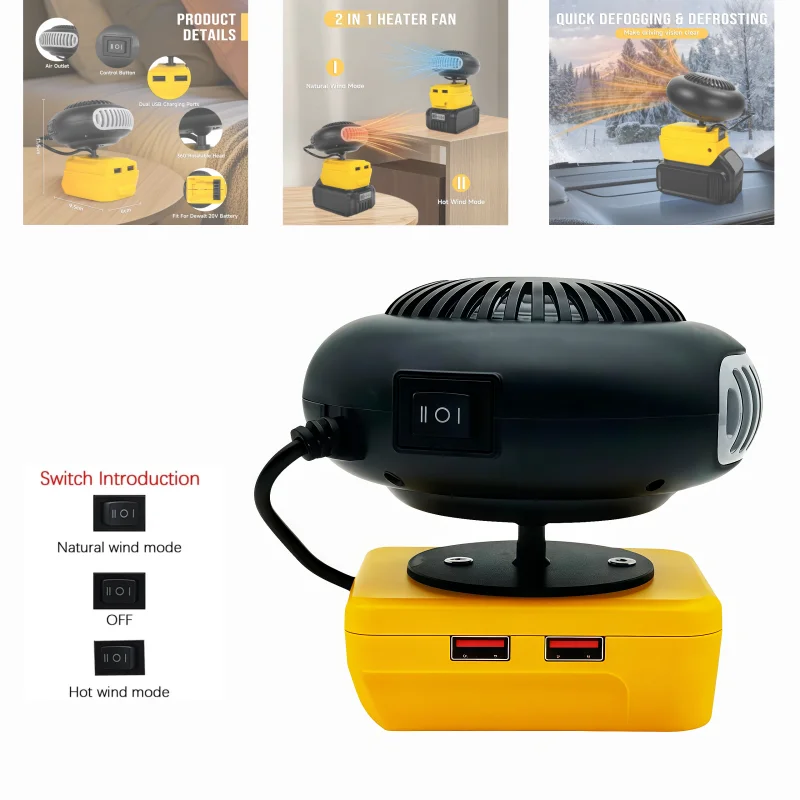 

Portable Electric Warm Air Blower Fan Heater Hot&Cold Wind Dual Mode with Dual USB Charging Port for Dewalt 20V Battery Pin