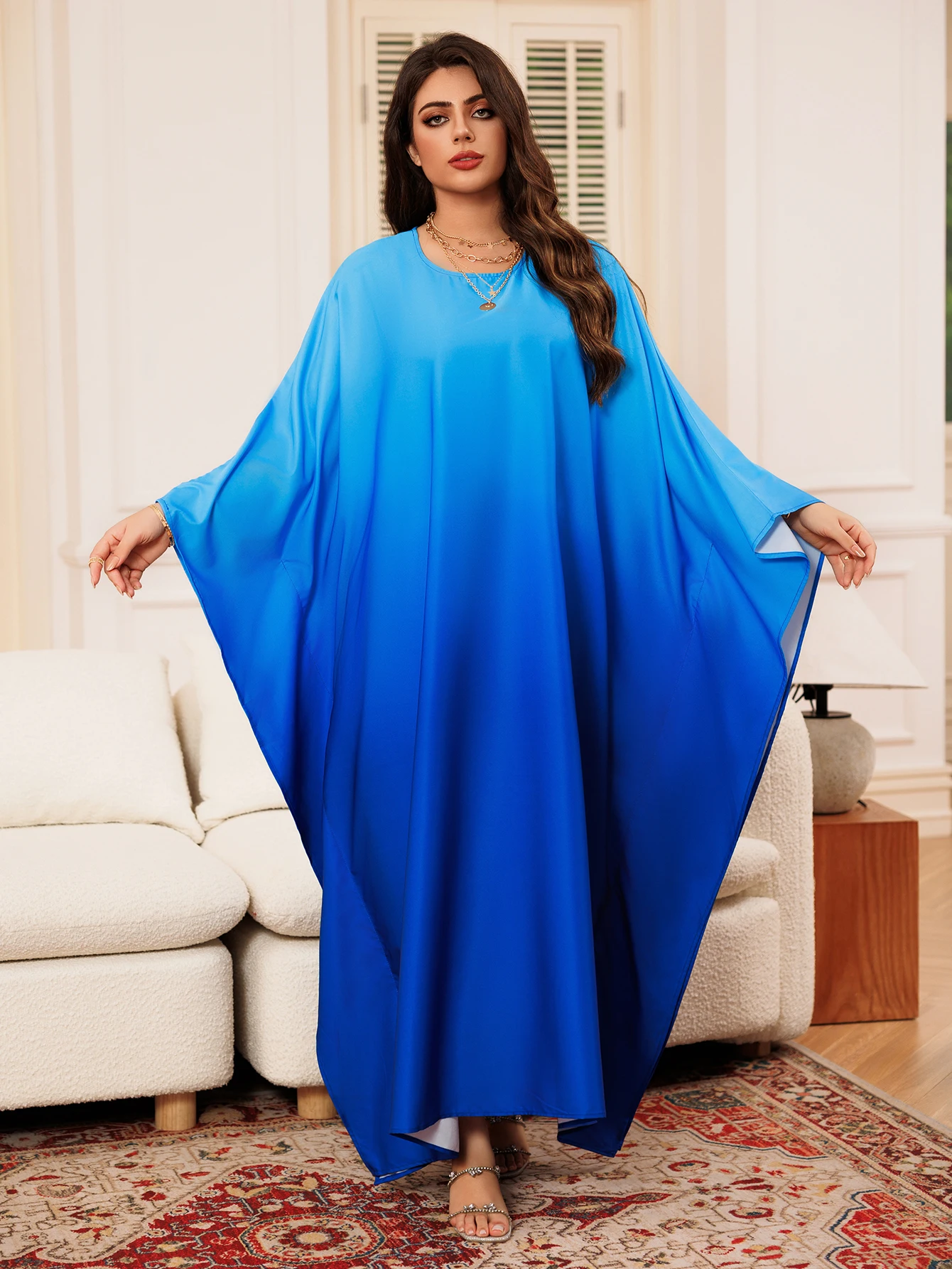 

Middle East Women's Dress Blue Gradient Print Round Neck Bat Sleeve Arab Dubai Muslim Turkish Kaftan Abaya Dubai Luxury Robe